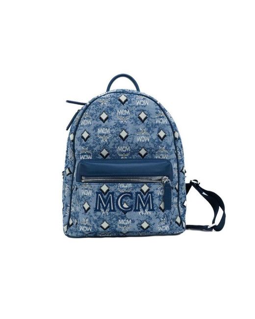 MCM Blue Stark Small Vintage Jacquard Monogram Logo Fabric Backpack Bookbag