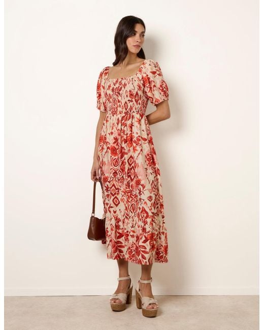 Blue Vanilla Pink Watercolour Floral Shirred Puff Sleeve Midi Dress