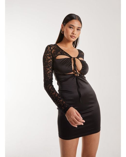 Pink Vanilla Black Lace Long Sleeve Cut Out Mini Dress