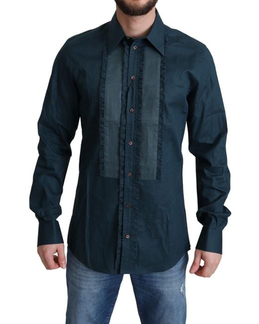 Dolce Gabbana Elegant Ruffled Tuxedo Shirt Cotton in Blue for