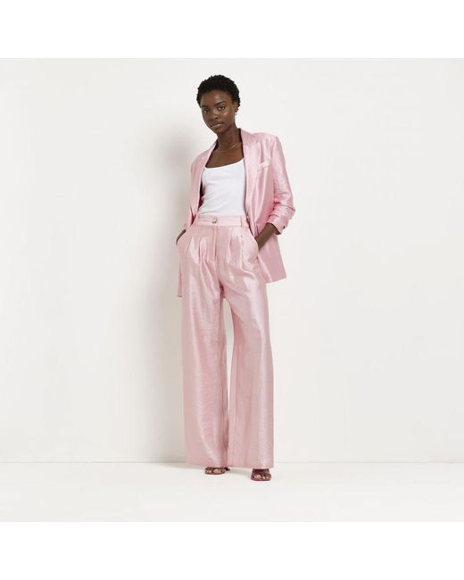 River Island Pink Pleated Trousers Satin Wide Leg Viscose