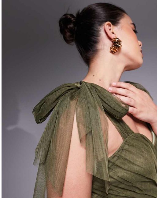 Lace & Beads Plus Green Bow Shoulder Tiered Tulle Maxi Dress