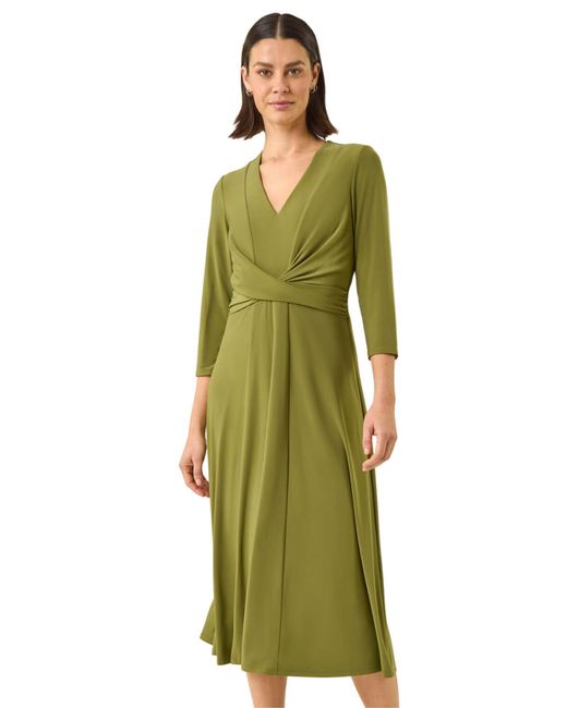 Roman Green Stretch Crossover Midi Dress