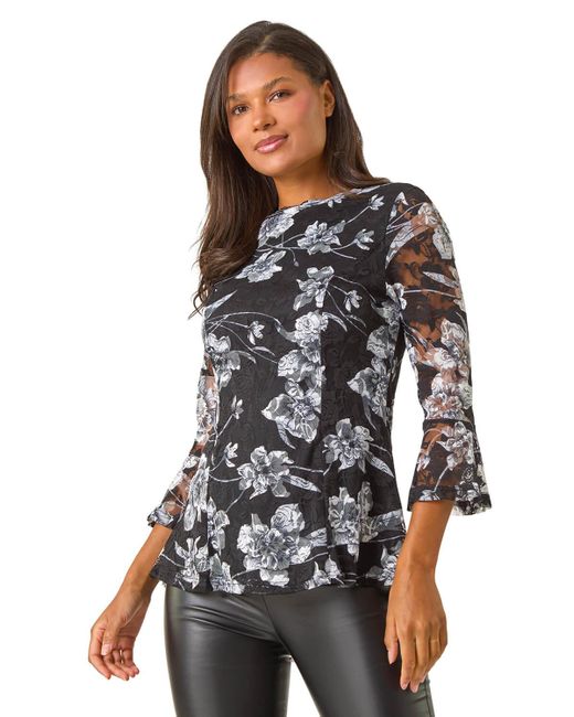 Roman Black Floral Lace Stretch Top