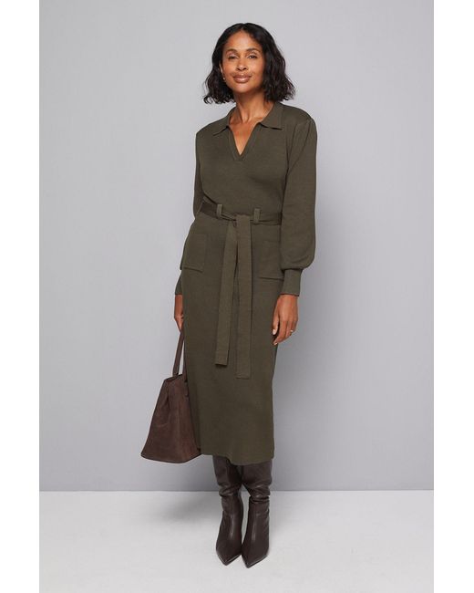 Wallis Green Collared Belted Midi Dress