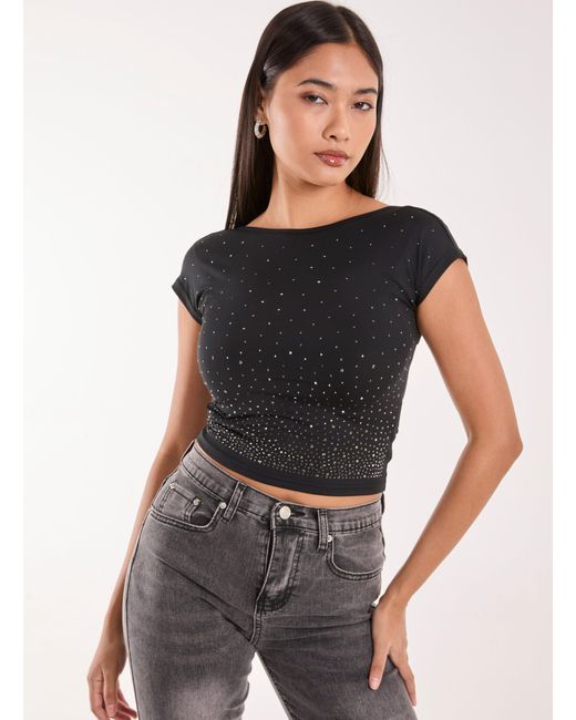 Pink Vanilla Black Rhinestone Scoop Back Top