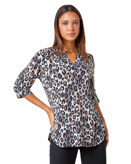 Roman Black Animal Print Stretch Blouse