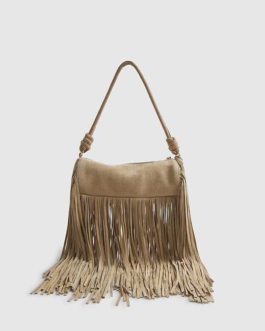 River Island Blue Cylinder Bag Mega Fringe Suede Zip Leather