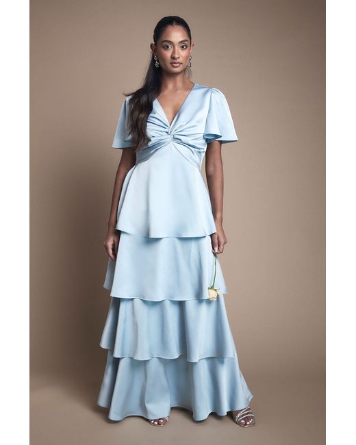 Oasis Blue Satin Twist Front Tiered Bridesmaid Maxi Dress