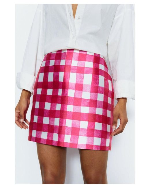 Warehouse Pink Tailored Gingham Satin Twill Mini Skirt