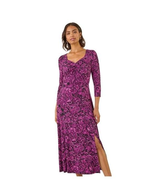 Roman Purple Paisley Print Ruched Midi Stretch Dress