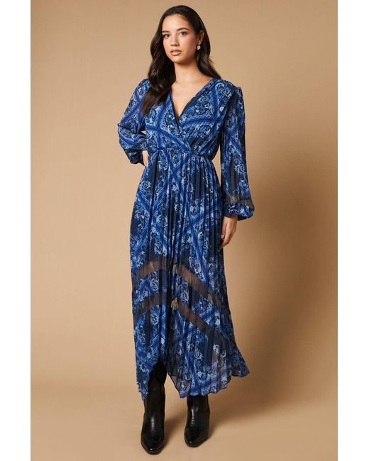 Oasis Blue Scarf Print Pleated Lace Trim Insert Wrap Midi Dress