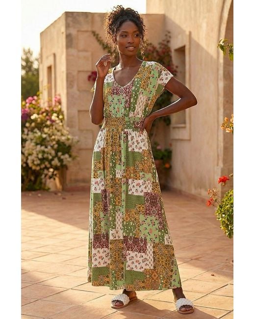 Roman Green Stretch Patchwork Shirred Maxi Dress