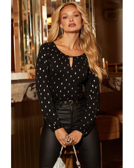 Sosandar Black Spot Print Keyhole Detail Blouse