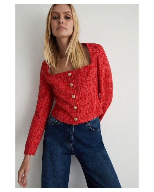 Warehouse Red Tweed Square Neck Jacket
