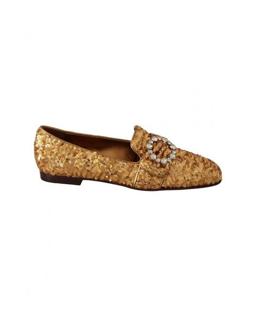 Dolce & Gabbana Brown Sequin Crystal Flat Loafers Shoes