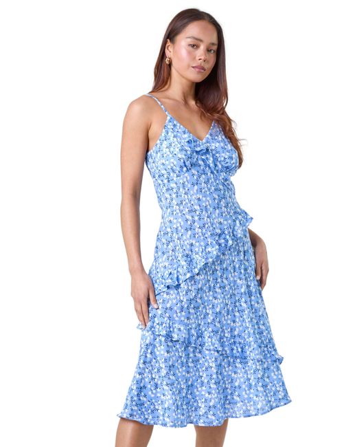 Roman Petite Blue Ditsy Floral Frill Midi Dress