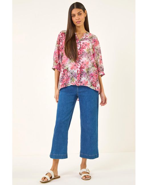 Roman Blue Floral Print V-Neck Blouse