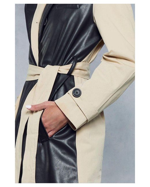 MissPap Blue Contrast Woven Leather Look Panelled Trench Coat