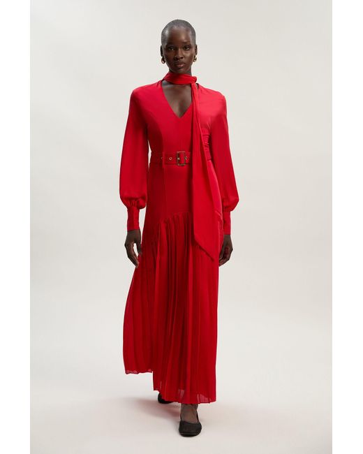 Karen Millen Red Jersey Ponte Georgette Mix Midi Dress