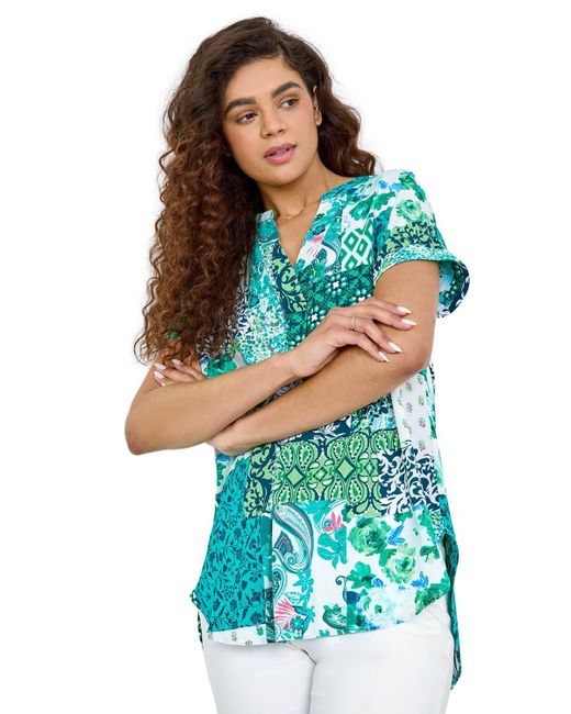 Roman Blue Patchwork Print Woven V-Neck Pleat Front Top