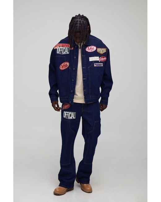BoohooMAN Blue Varsity Badge Applique Denim Worker Jacket for men