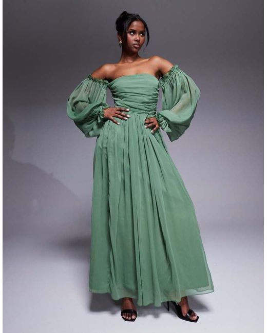LACE & BEADS Green Off Shoulder Balloon Sleeve Maxi Dress