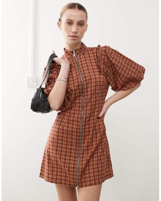 Collusion Brown Puff Sleeve Mini Dress With Zip Detail