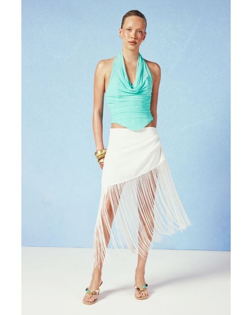 Boohoo Blue Linen Tassle Trim Asymmetric Skirt