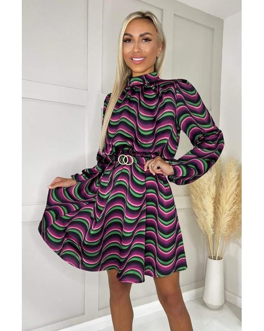 AX Paris Multicolor Multi Print Long Sleeve High Neck Belted Skater Dress