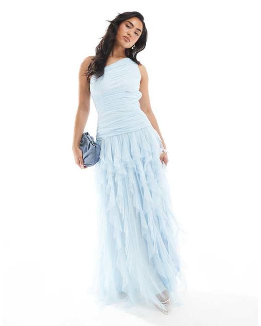 LACE & BEADS Blue Bridesmaid One Shoulder Waterfall Ruffle Maxi Dress