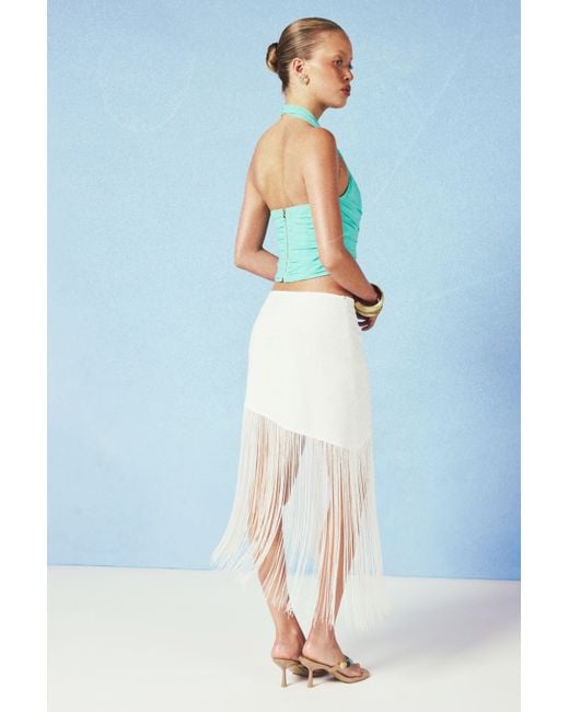 Boohoo Blue Linen Tassle Trim Asymmetric Skirt