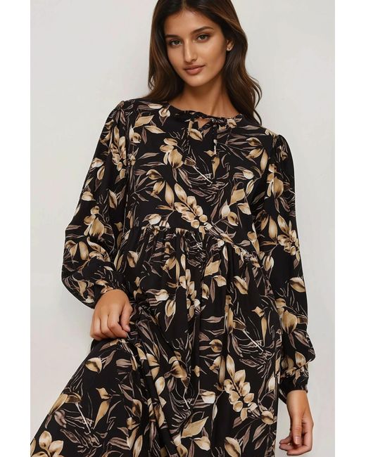Hiccup Black Floral Print Long Sleeve Viscose Maxi Dress