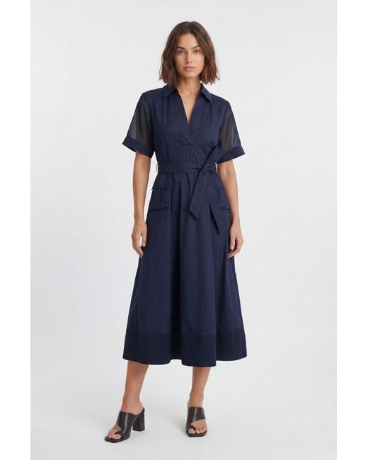Karen Millen Blue Utility Organdie Cotton Mix Woven Maxi Dress