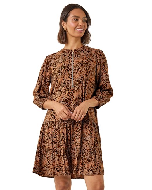 Roman Brown Spot Print Zip Front Dress