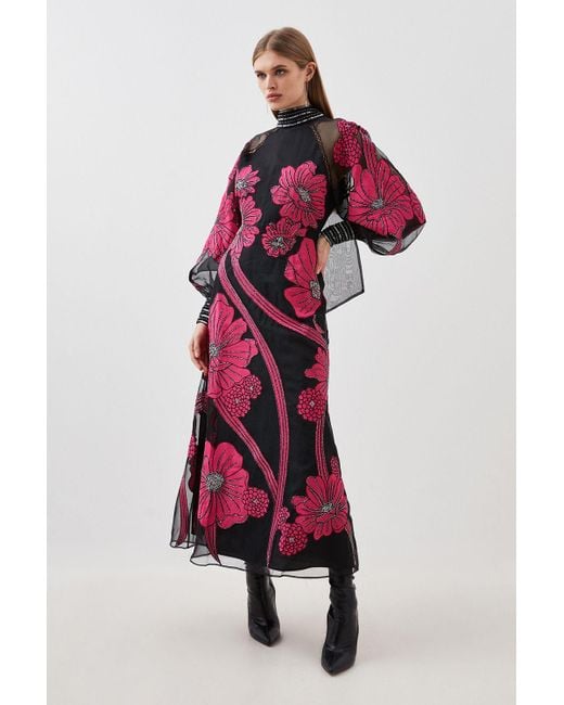 Karen Millen Red Applique Organdie Floral Graphic Maxi Dress