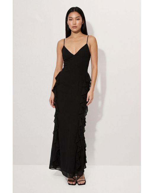 MissPap Black Ruffle Detail Open Back Maxi Dress