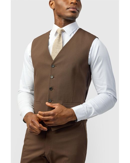 Limehaus Brown Single Breasted Five Button V-Neck Slim Fit Suit Waistcoat for men