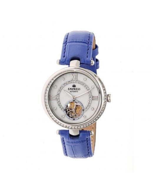 Empress Stella Automatisch Semi-skelet Mop Lederen Band Horloge in het Blue