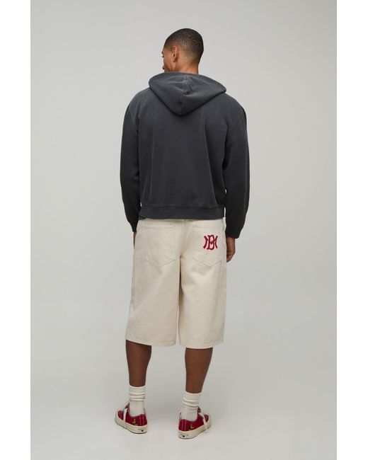 BoohooMAN Gray Oversized Boxy Western Embroidered Washed Zip Thru Hoodie for men