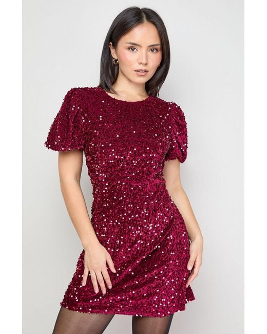 Oasis Red Petite Occasion Puff Sleeve Sequin Mini Dress