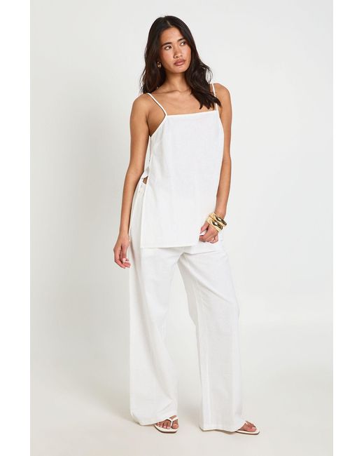 Boohoo White Linen Look Longline Cami & Wide Leg Trouser Co-Ord