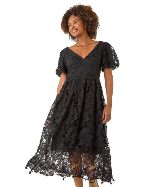 Roman Black Crochet Lace V-Neck Midi Dress