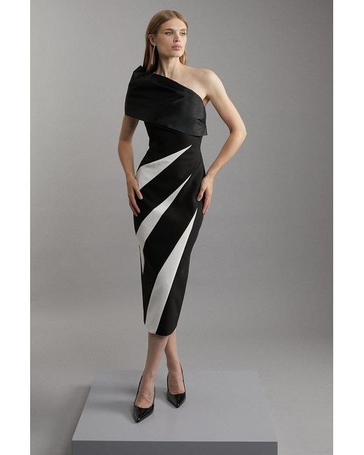 Karen Millen Gray Petite Clean Tailored Taffeta One Shoulder Panel Midi Dress
