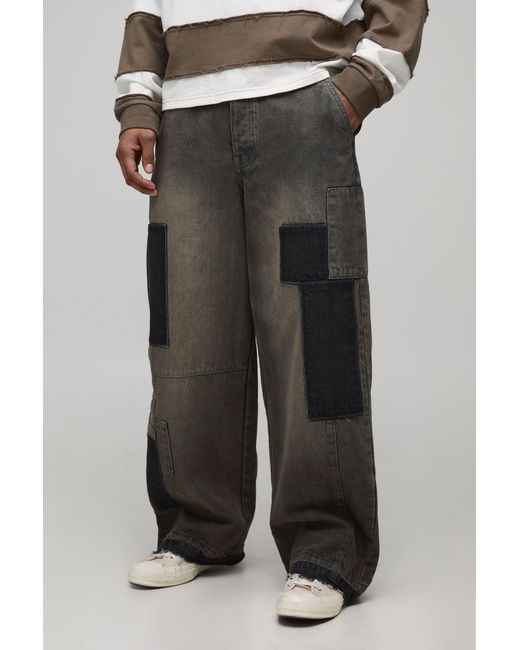 BoohooMAN Black Baggy Patchwork Washed Distressed Jeans for men