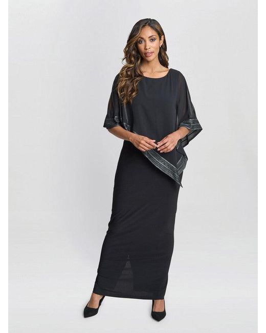Gina Bacconi Black Amber Maxi Asymmetrical Cape Dress
