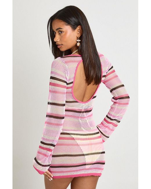 Boohoo Pink Beach Crochet Stripe Knit Mini Dress