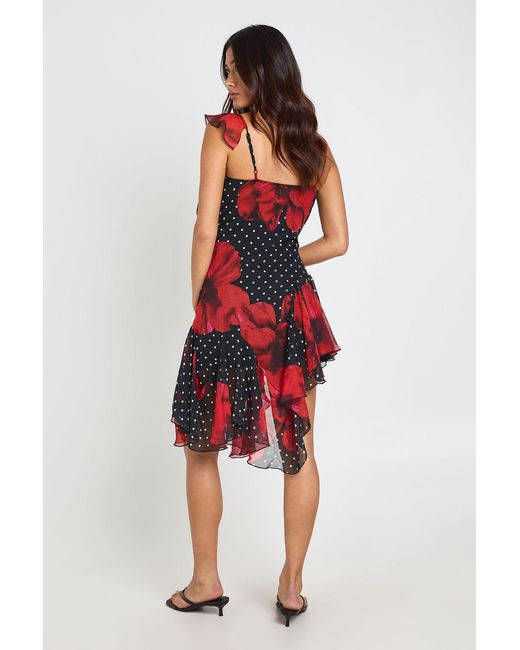 Boohoo Red Chiffon Floral Ruffle Detail Asymmetric Midi Dress