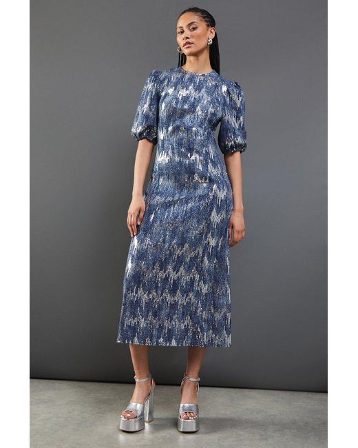 Warehouse Blue Premium Sequin Denim Fitted Puff Sleeve Midi Dress