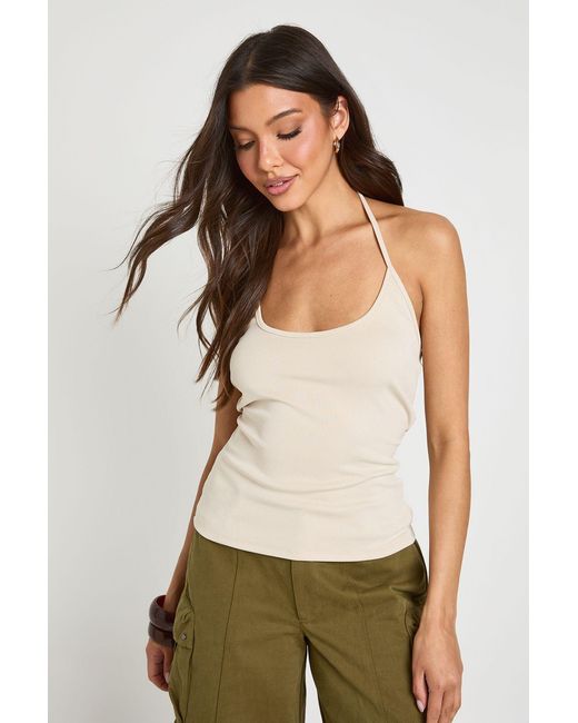 Boohoo Green Premium Peached Rib Tie Back Halterneck Crop Top